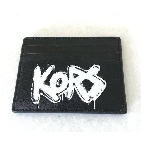 New Michael Kors Cooper Tall Card Case Vegan Leather Black / White - Picture 3 of 3